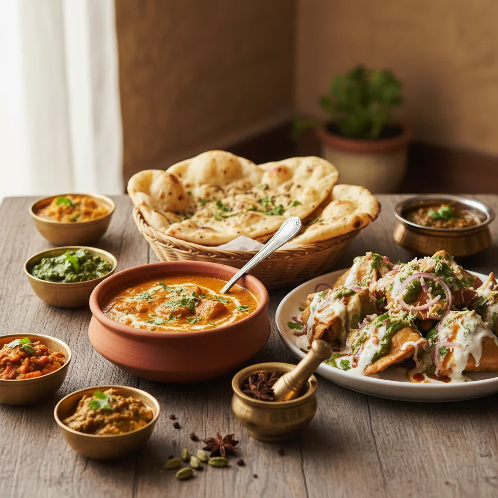 A wooden table set with paneer makhani in a copper bowl, samosa chat, and fresh naan bread.