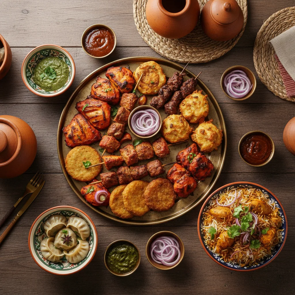 A shared meal featuring a combination platter of meats and vegetarian bites, accompanied by dumplings and biryani.