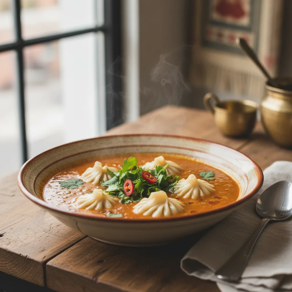 A bowl of jhol momo with steamed dumplings in a spiced tomato-sesame broth.