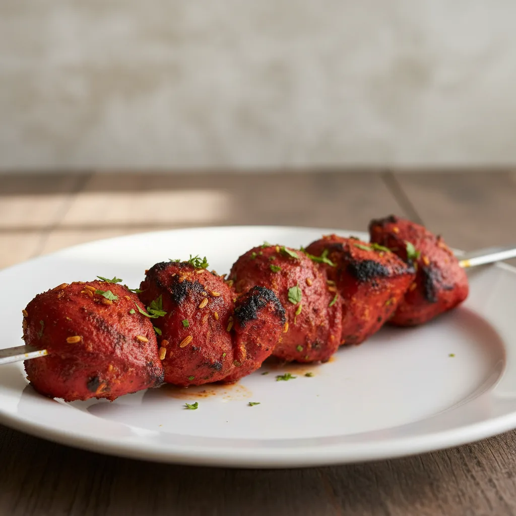 Tandoori chicken on a metal skewer resting on a plate.