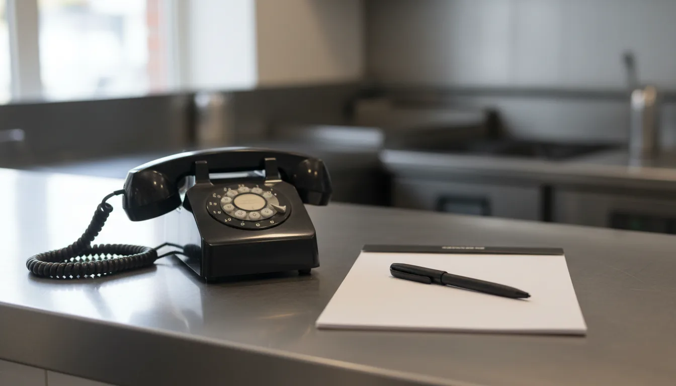 A black telephone next to a blank notepad and a pen on a stainless steel counter.