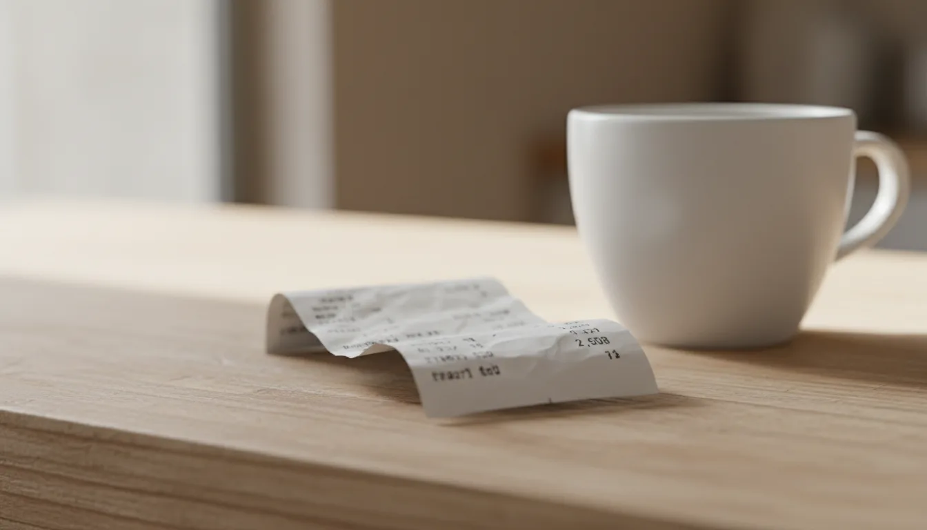 A printed receipt on a wooden counter next to a white coffee cup.