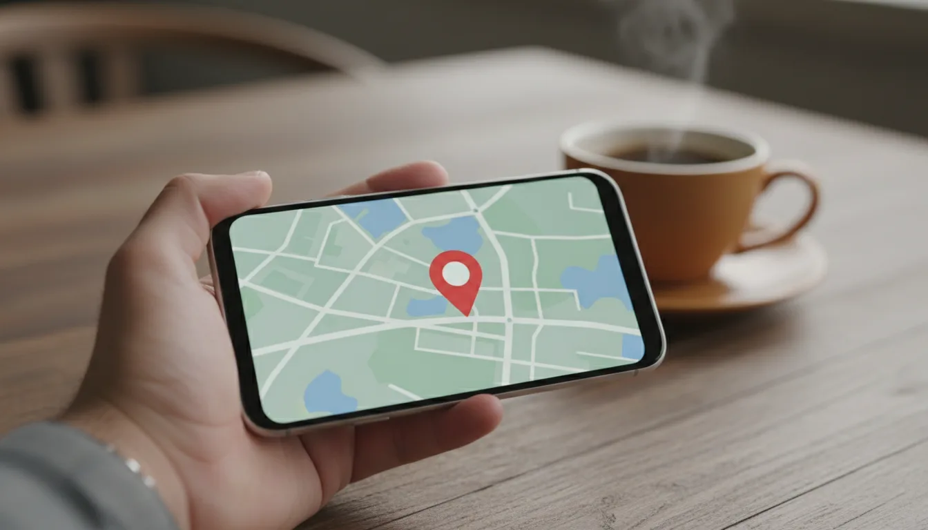 A hand holding a smartphone displaying a map with a red location pin, held over a wooden table next to a coffee cup.