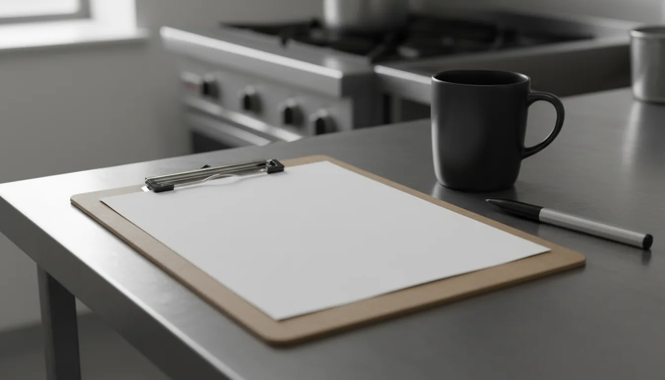 A wooden clipboard with a blank piece of paper and a pen resting on a stainless steel counter next to a black coffee mug.