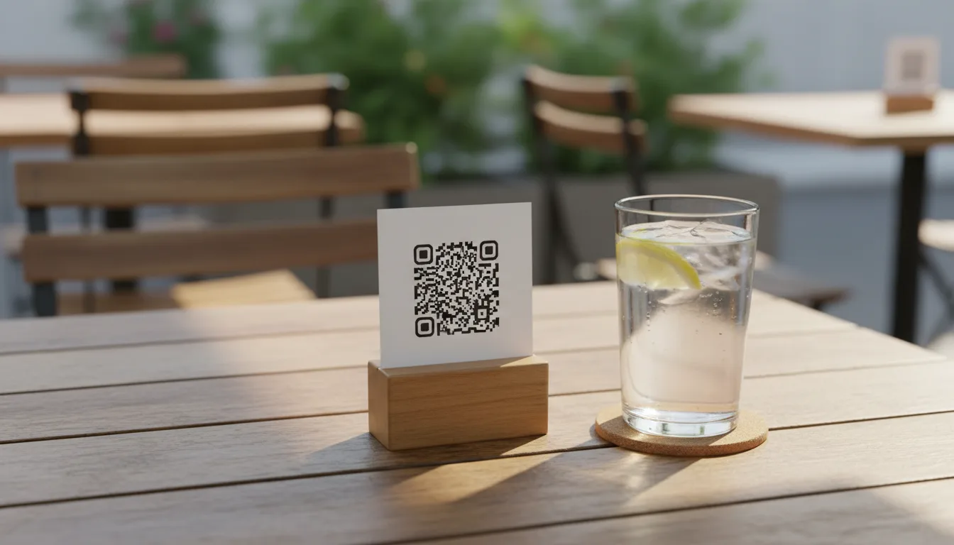 A small square card with a QR code sitting in a wooden holder on an outdoor restaurant table next to a glass of water.