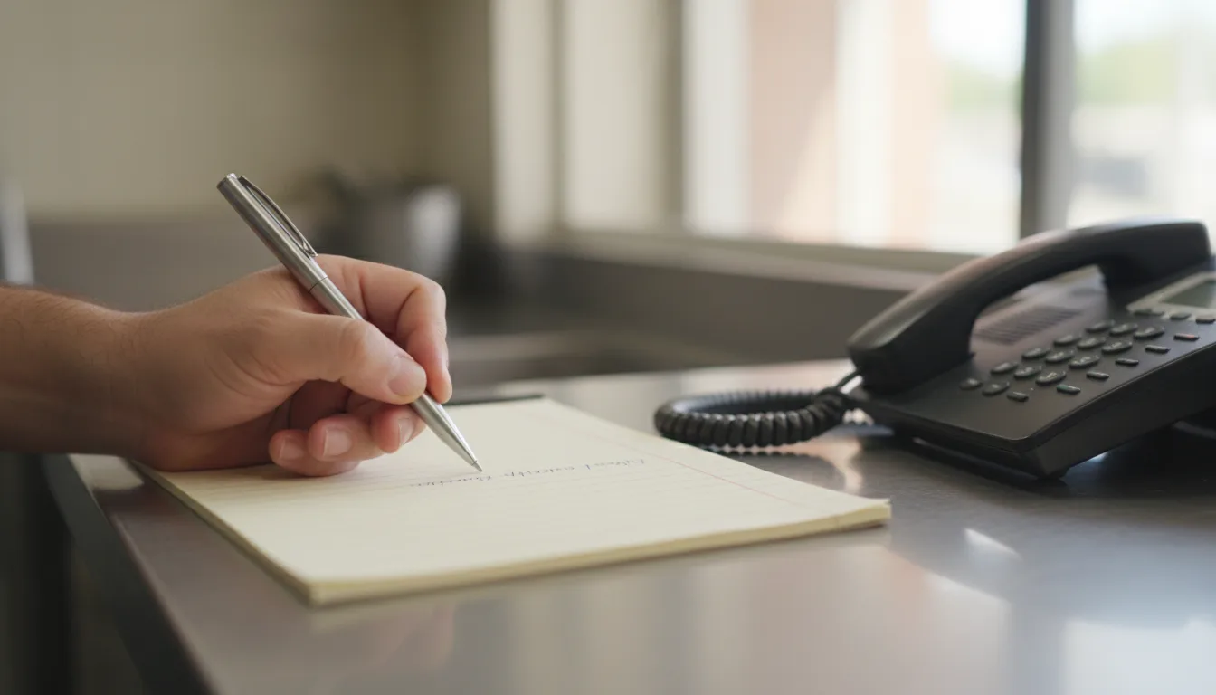 A hand writing on a notepad next to a black telephone receiver on a stainless steel counter.