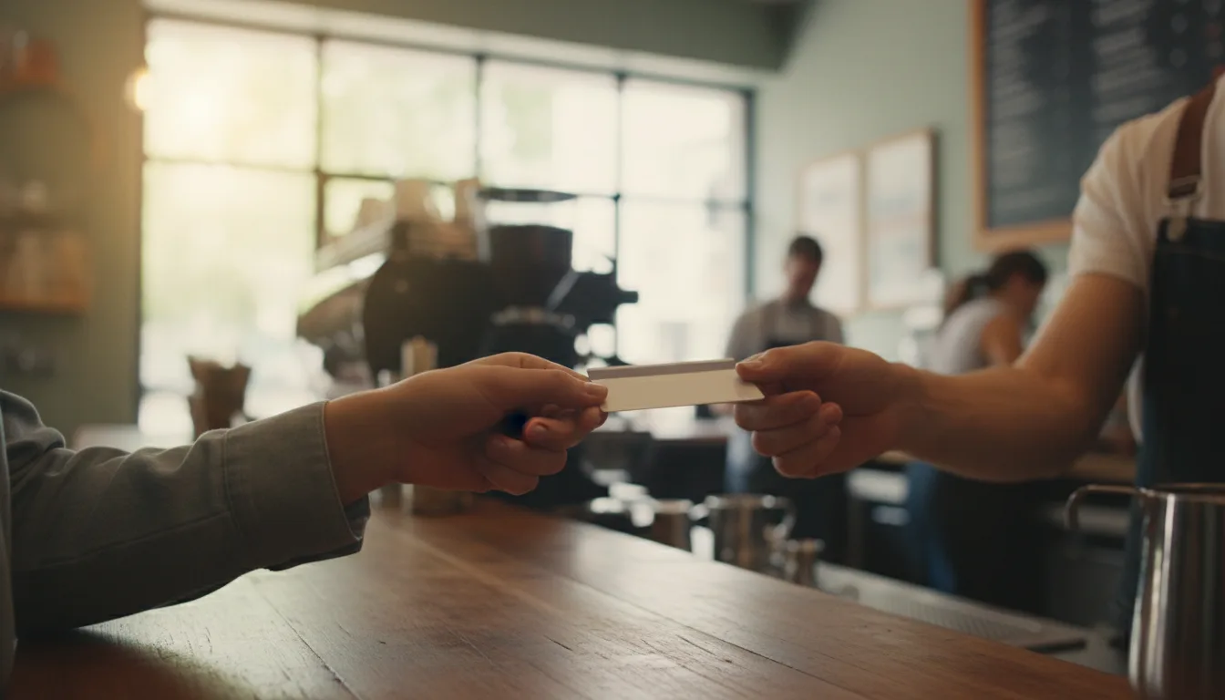 A customer handing a payment card to a barista across a cafe counter.