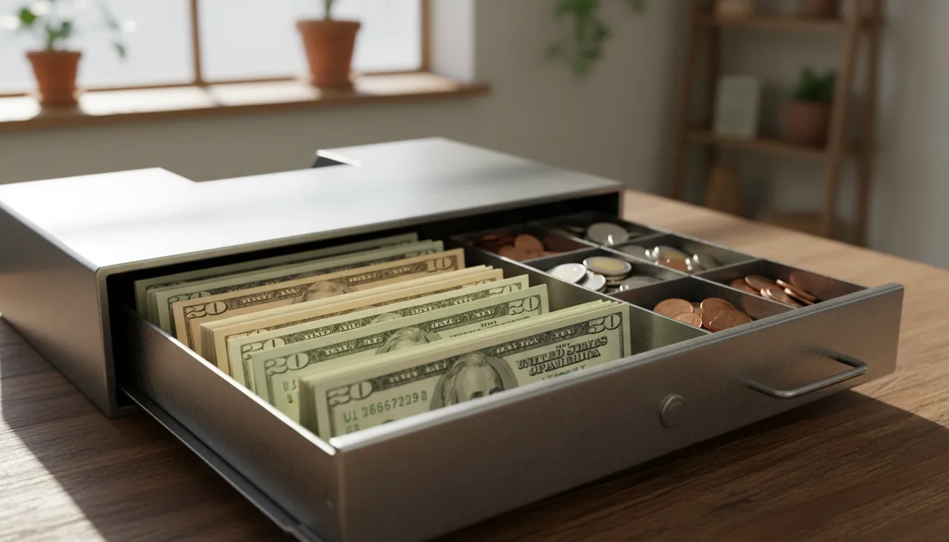 An open cash register drawer containing paper money and coins on a wooden counter.