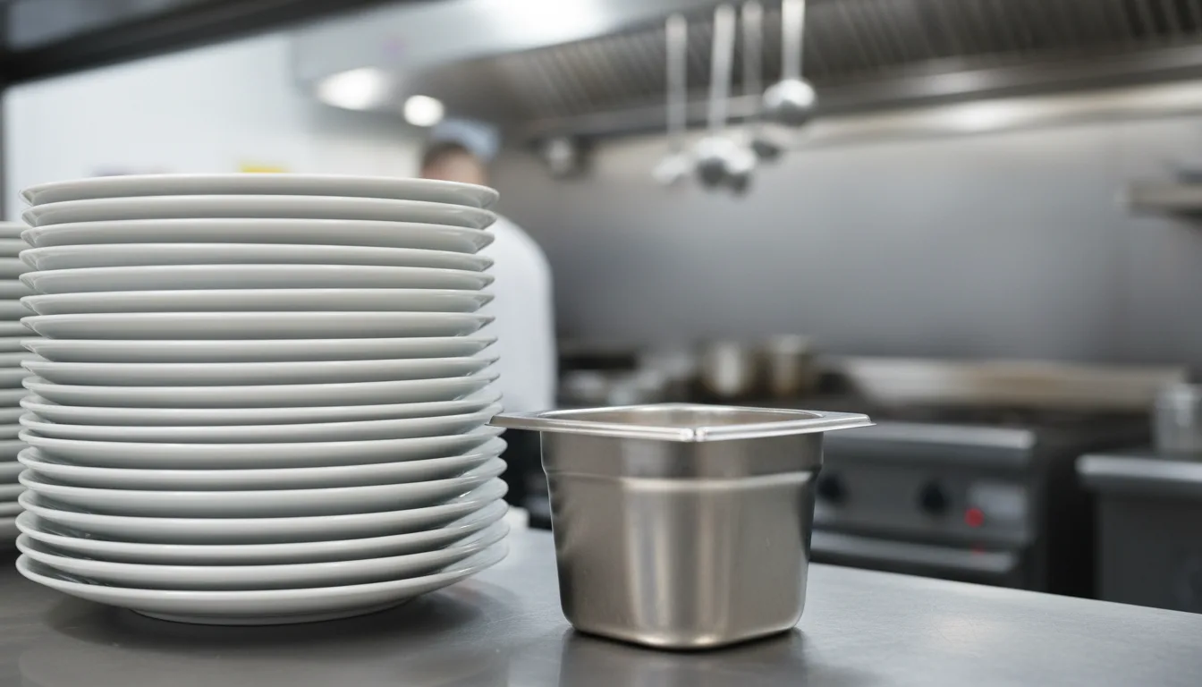 An empty metal prep container sitting next to a stack of white plates on a stainless steel kitchen counter.