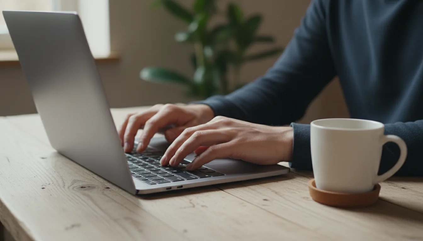 Hands typing on a laptop keyboard next to a coffee cup.