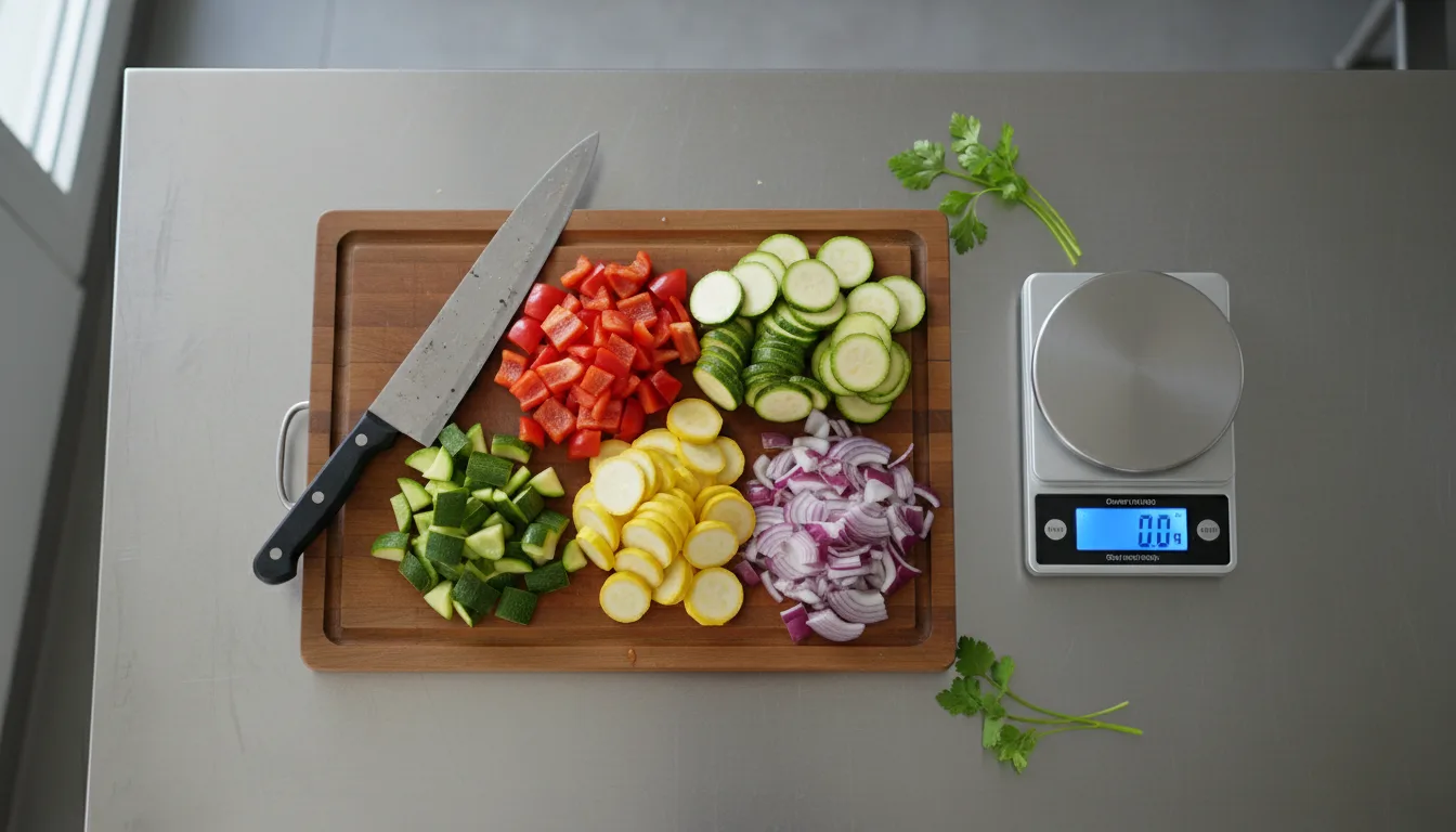 Chopped vegetables and a kitchen scale on a stainless steel prep table.