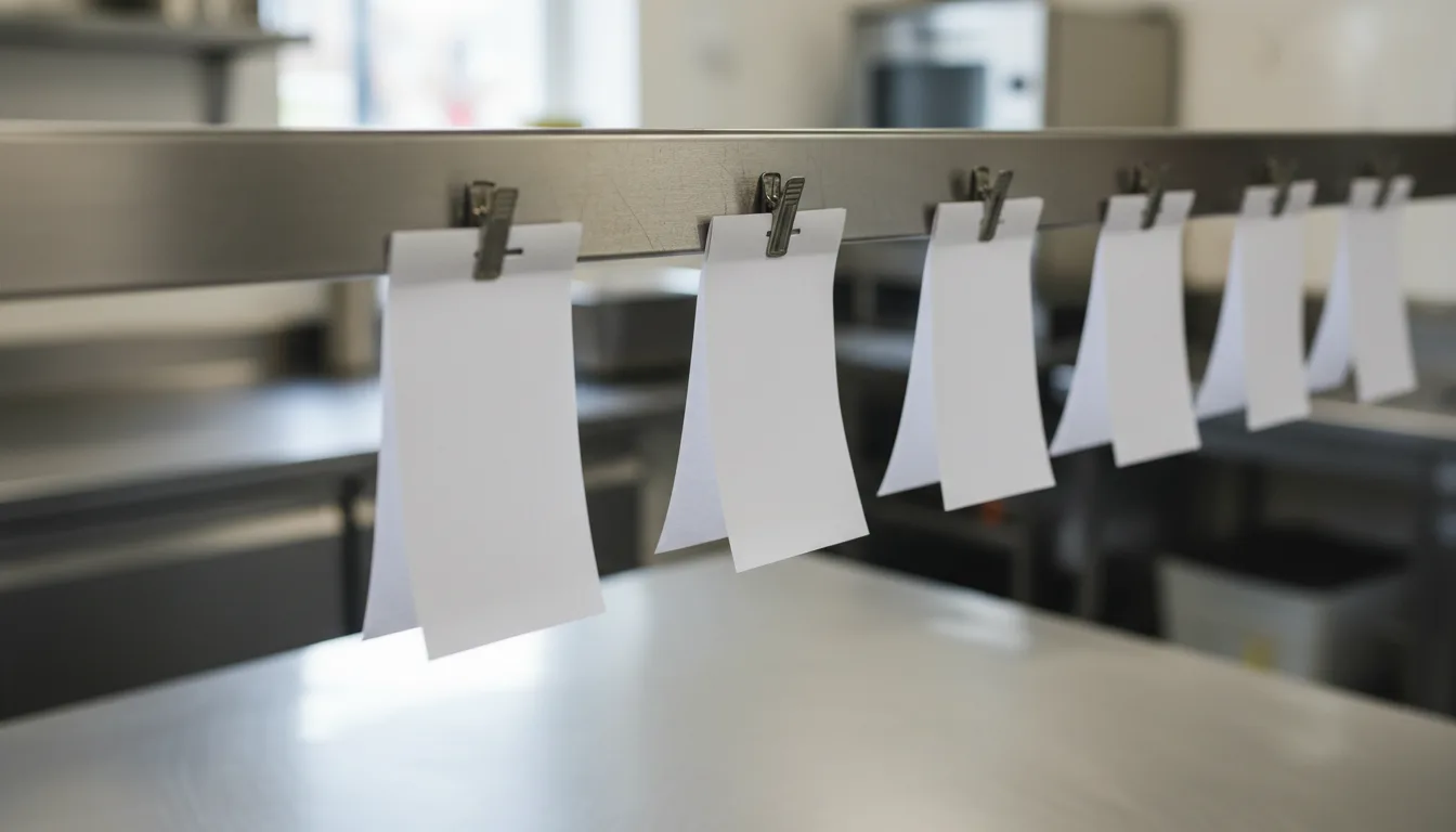 Blank white paper order tickets hanging from a stainless steel rail in a commercial kitchen.