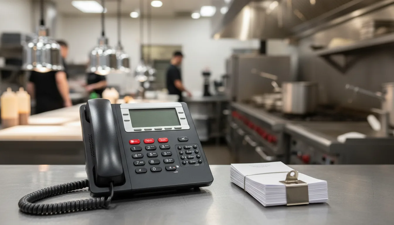 A black multiline telephone on a stainless steel counter next to paper order tickets in a commercial kitchen.