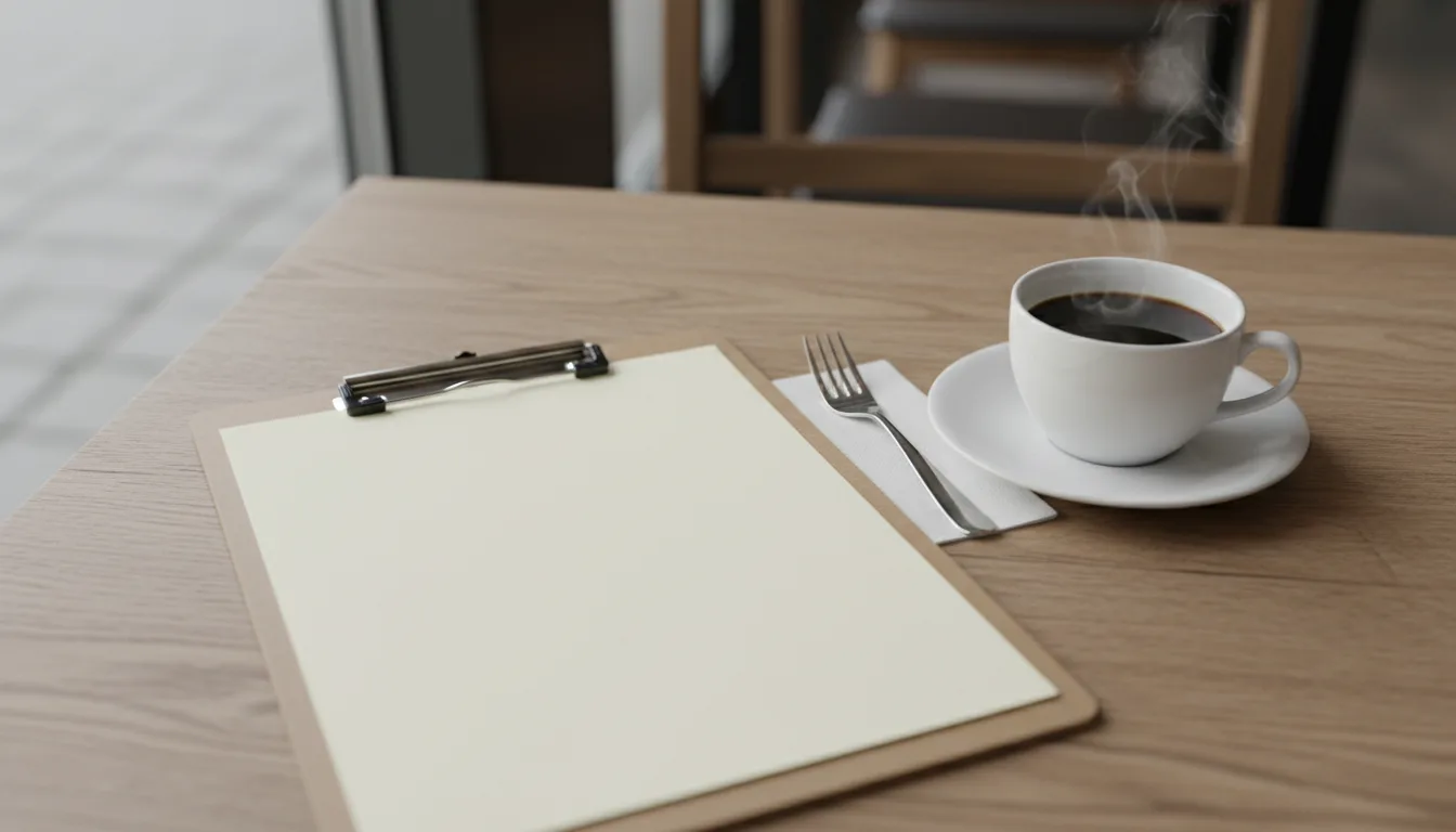 A wooden clipboard with blank paper resting on a wooden restaurant table next to a white coffee cup and a metal fork.