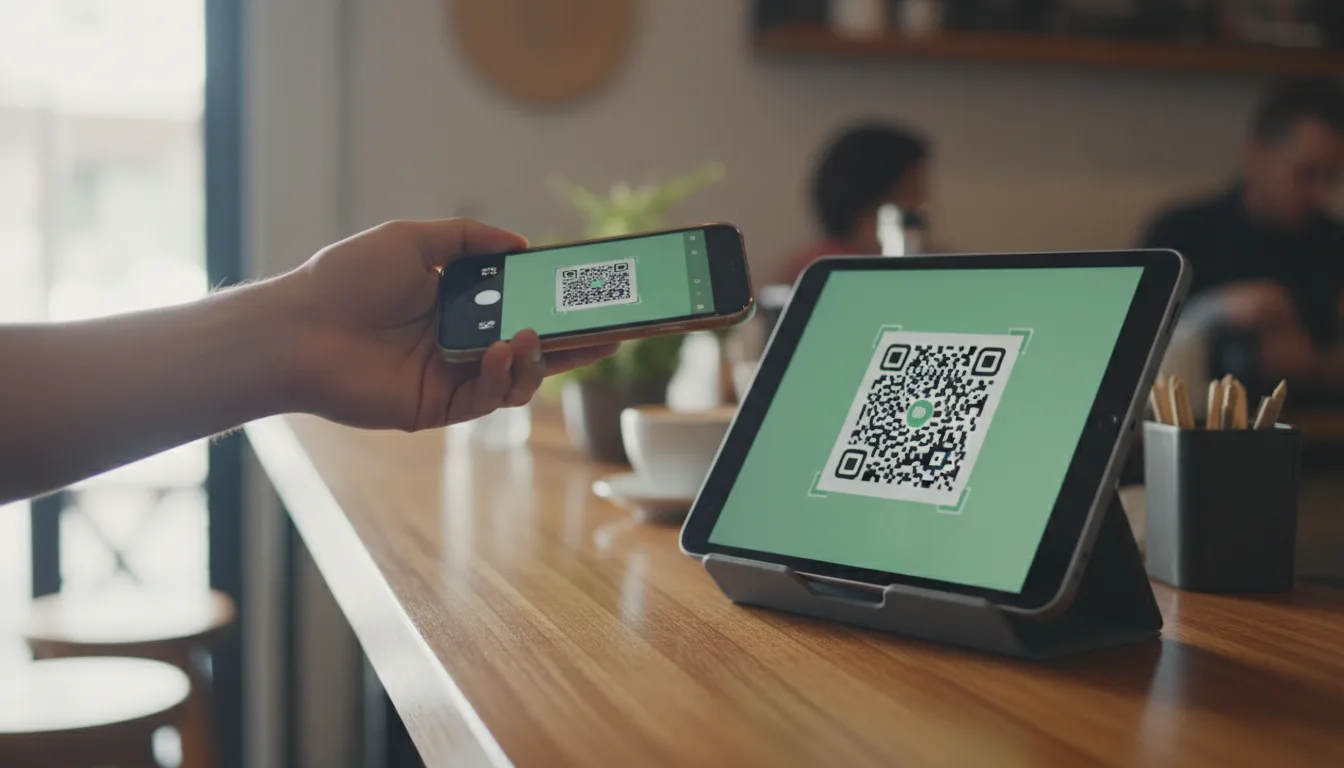 A hand holding a smartphone over a tablet on a wooden counter to scan a QR code.