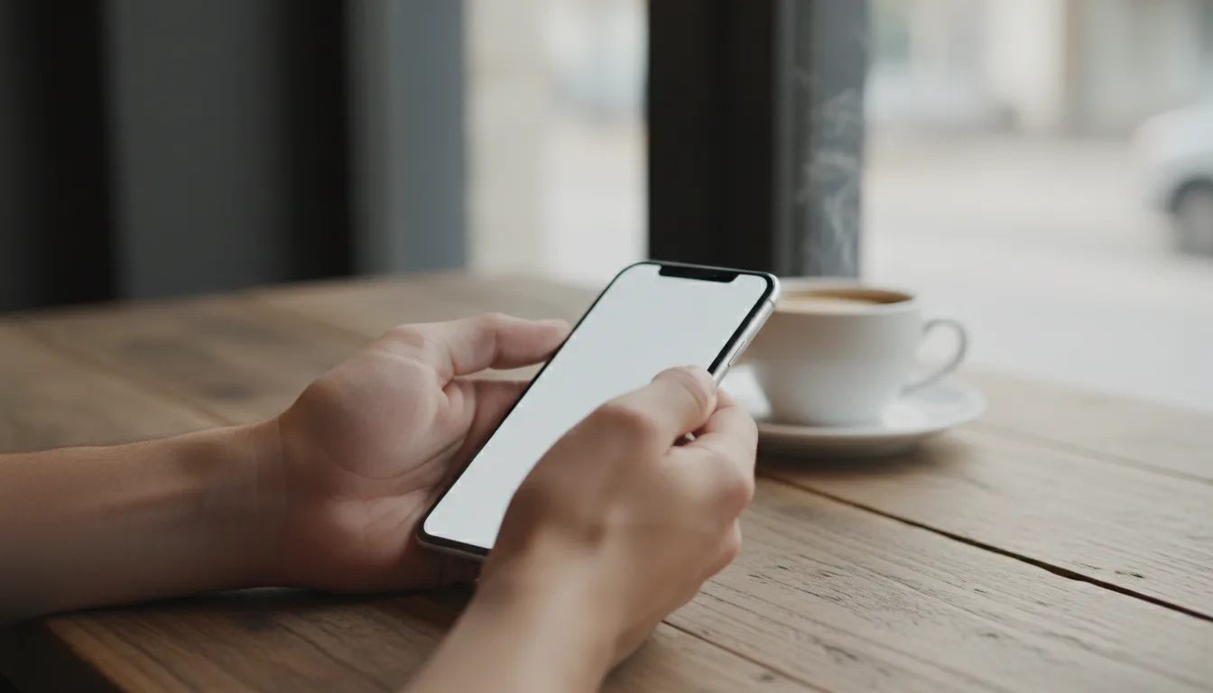 Hands holding a smartphone above a wooden table with a blurred coffee cup in the background.