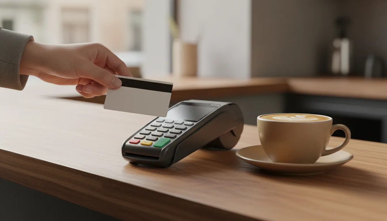 A customer tapping a bank card on a digital payment terminal next to a coffee cup on a wooden counter.