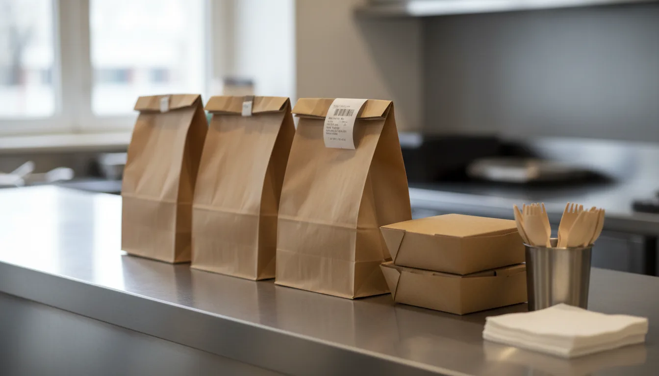 Three brown paper takeaway bags and folded cardboard boxes on a stainless steel restaurant counter.