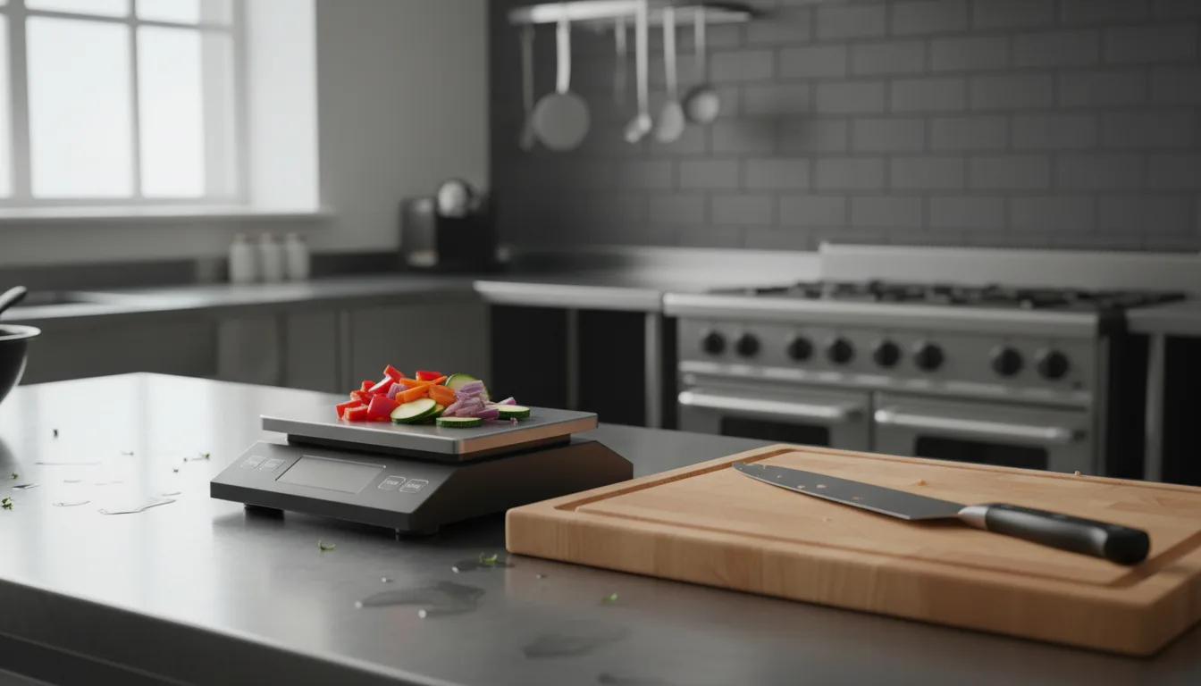 A digital scale weighing raw vegetables next to a cutting board and a knife on a stainless steel prep table.