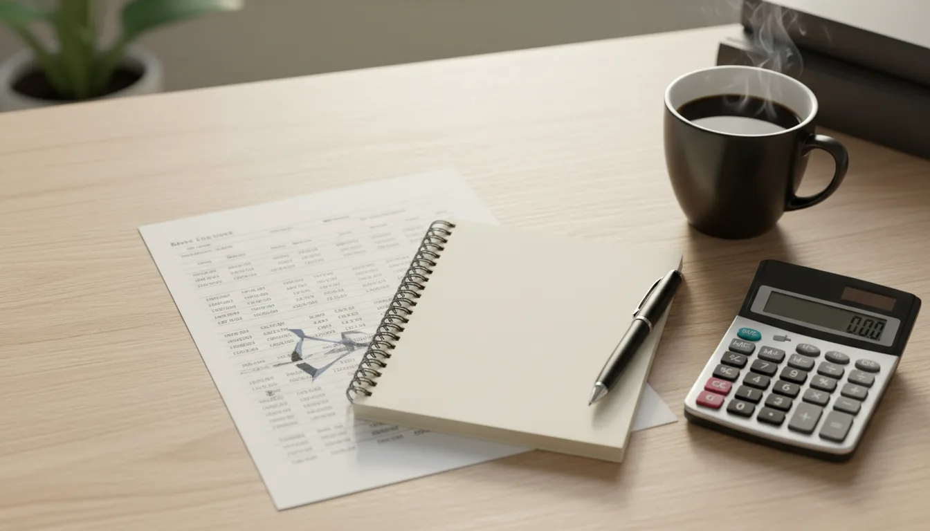 A wooden desk with a printed paper statement, a blank notepad, a pen, a calculator, and a cup of coffee.