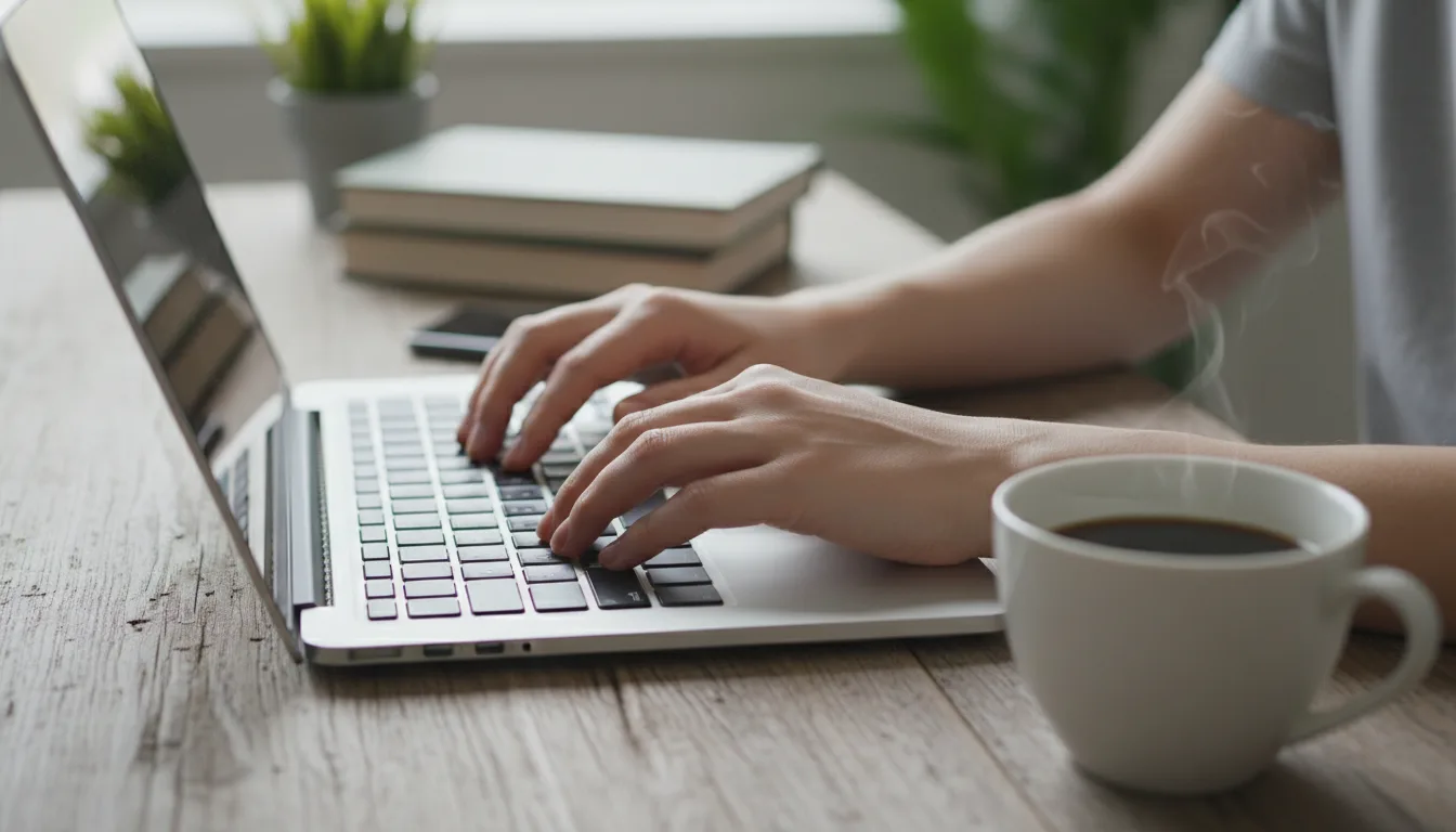 Hands typing on a laptop next to a coffee cup.