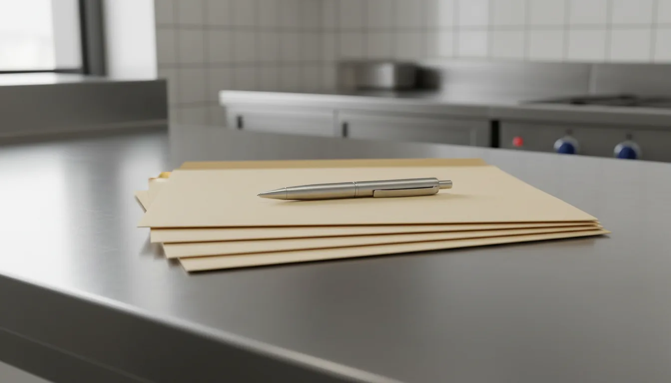 A stack of manila folders and a silver pen sitting on a clean stainless steel commercial kitchen counter.