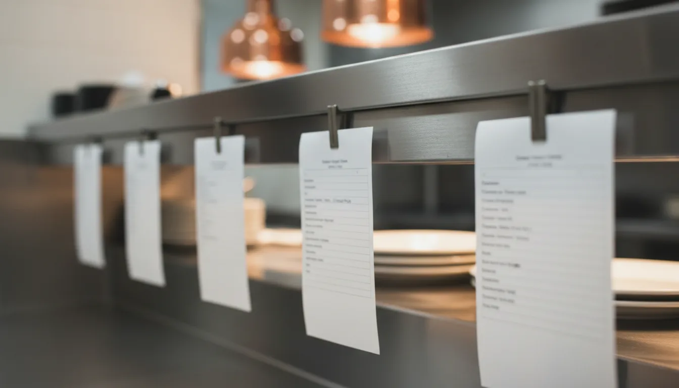 Several white paper order tickets hanging from a stainless steel rail in a commercial kitchen.