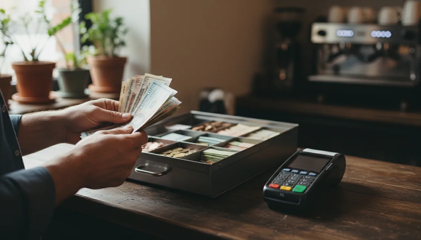 A close-up of a person's hands counting paper currency next to an open cash drawer on a wooden counter.