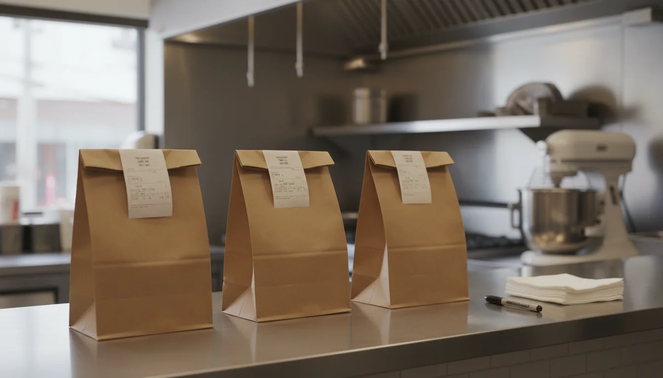 Brown paper takeaway bags with paper receipts stapled to them lined up on a stainless steel restaurant counter.