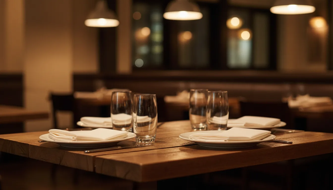 A wooden restaurant table set with white plates, linen napkins, and water glasses under warm pendant lighting.
