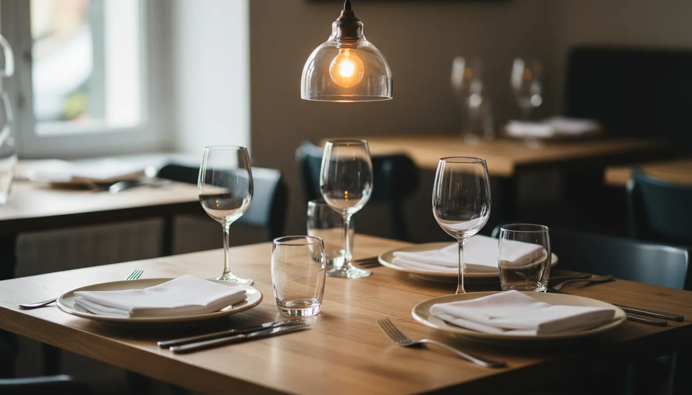 An empty wooden restaurant table set for two with plates, cloth napkins, and wine glasses under soft lighting.