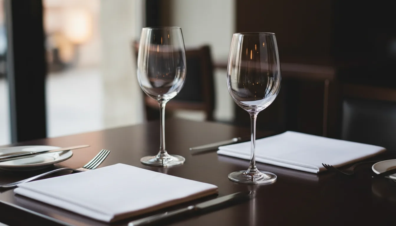 A set restaurant table with empty wine glasses, napkins, and silverware.