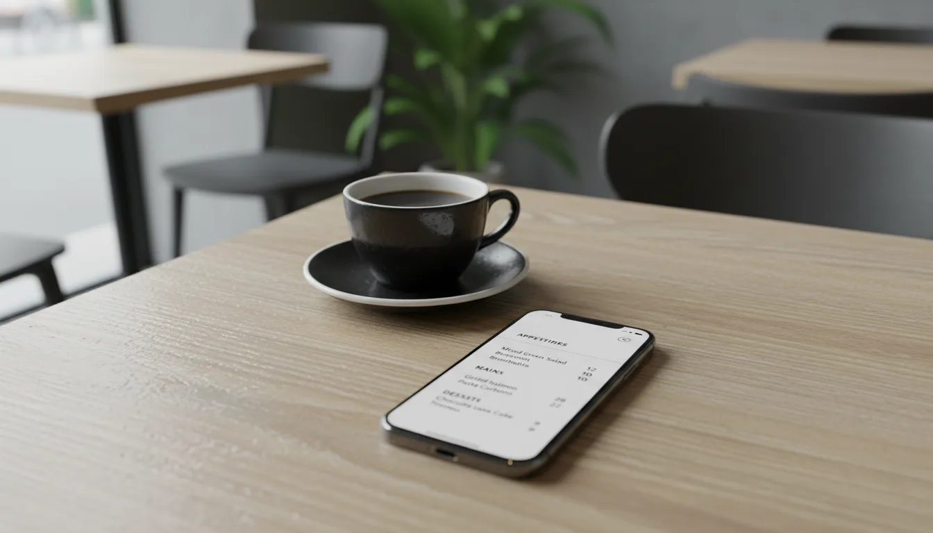 A smartphone on a wooden table next to a coffee cup, displaying a text-based restaurant menu.