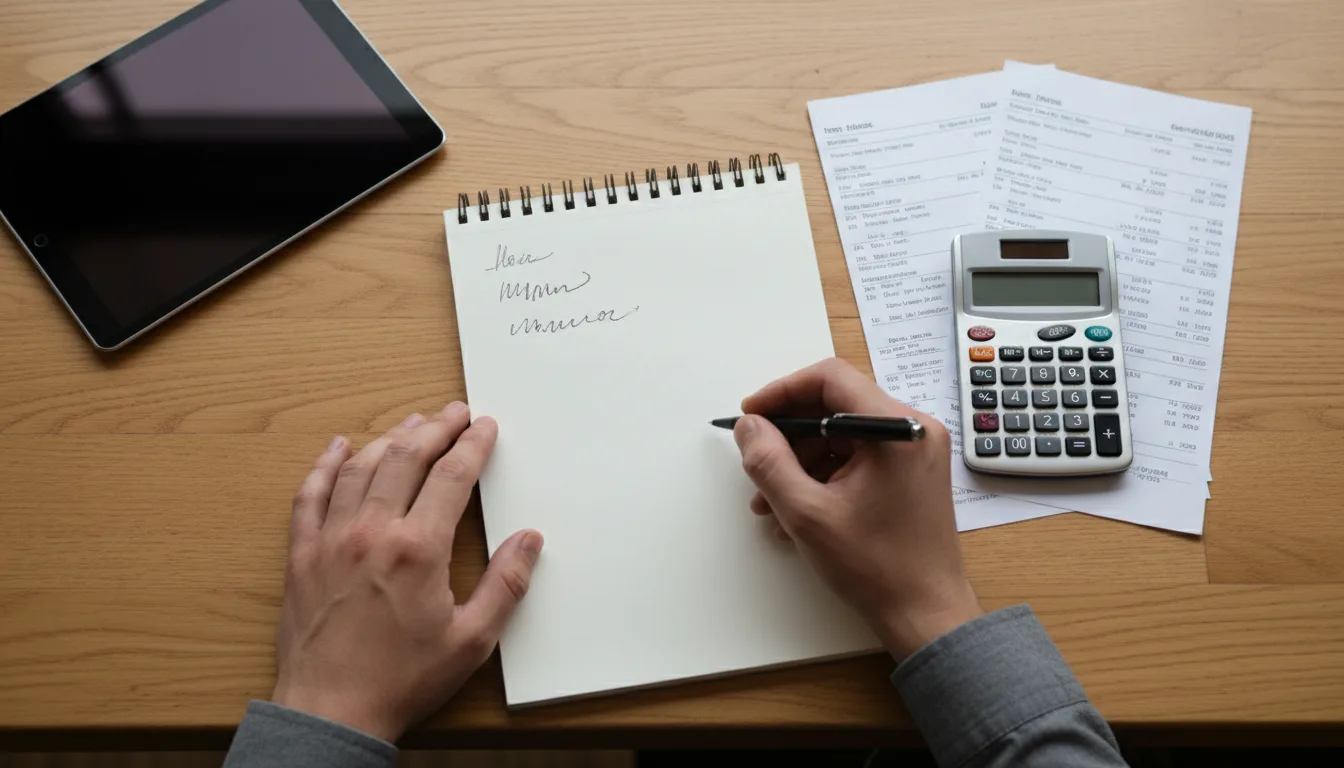 A person writing on a notepad next to a calculator, bank statements, and a tablet on a wooden counter.