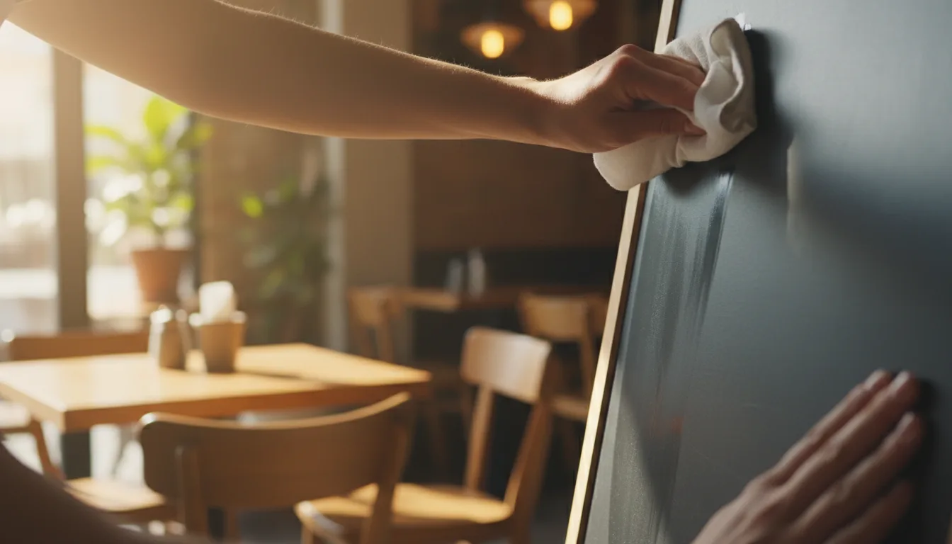 Hands wiping a blank chalkboard clean with a damp cloth in a sunlit cafe.