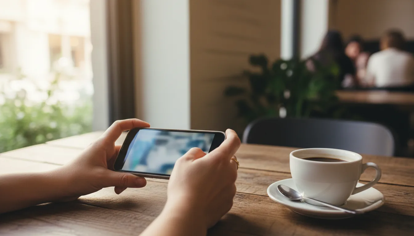 Hands holding a smartphone over a wooden table next to a half-empty coffee cup.