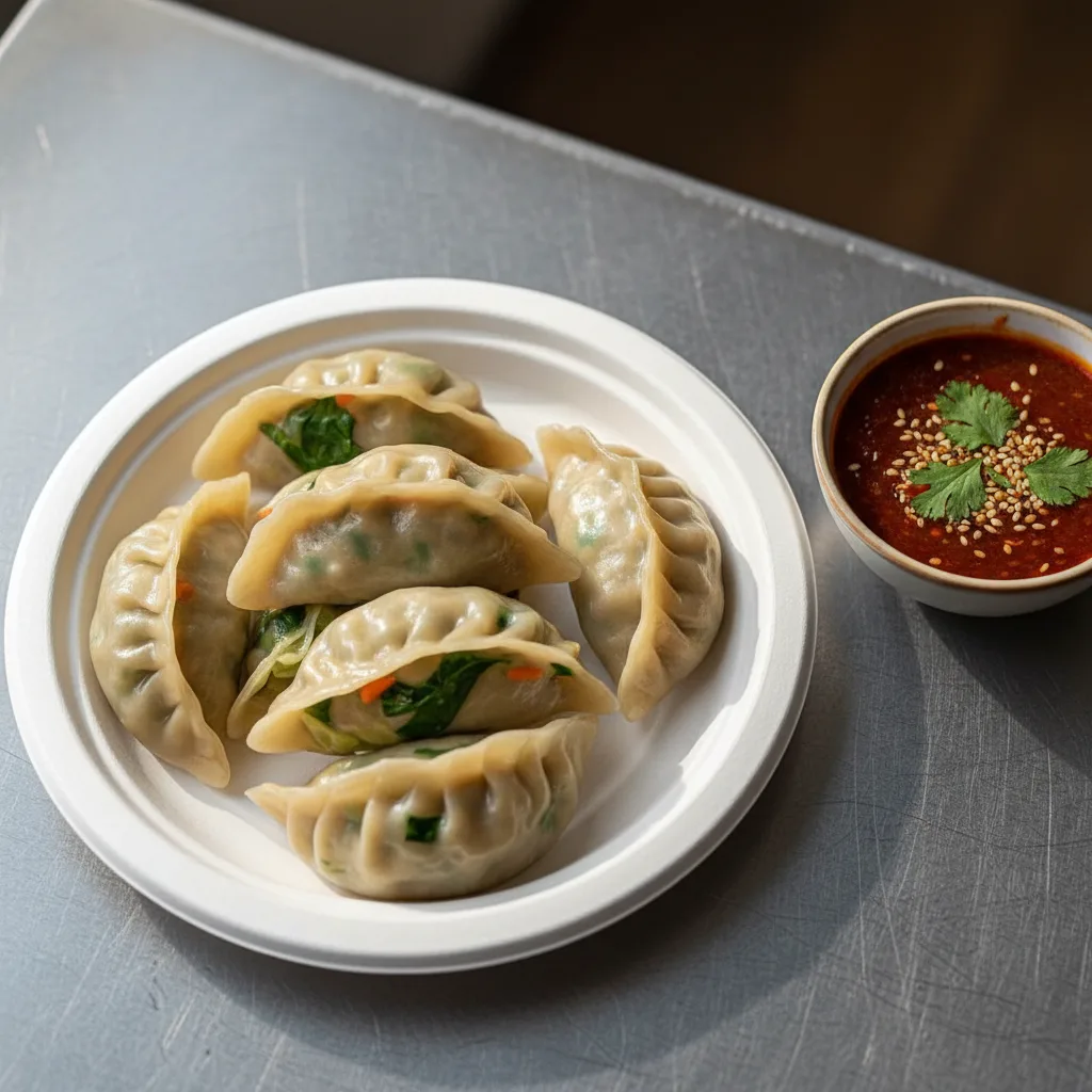 Steamed vegetable dumplings on a paper plate with dipping sauce.