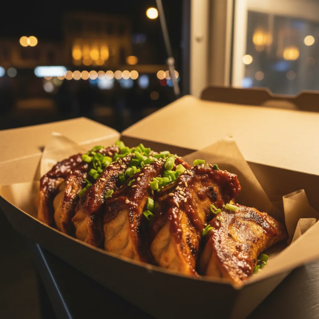 A cardboard container filled with spicy pan-fried chicken momo coated in a red chili sauce.