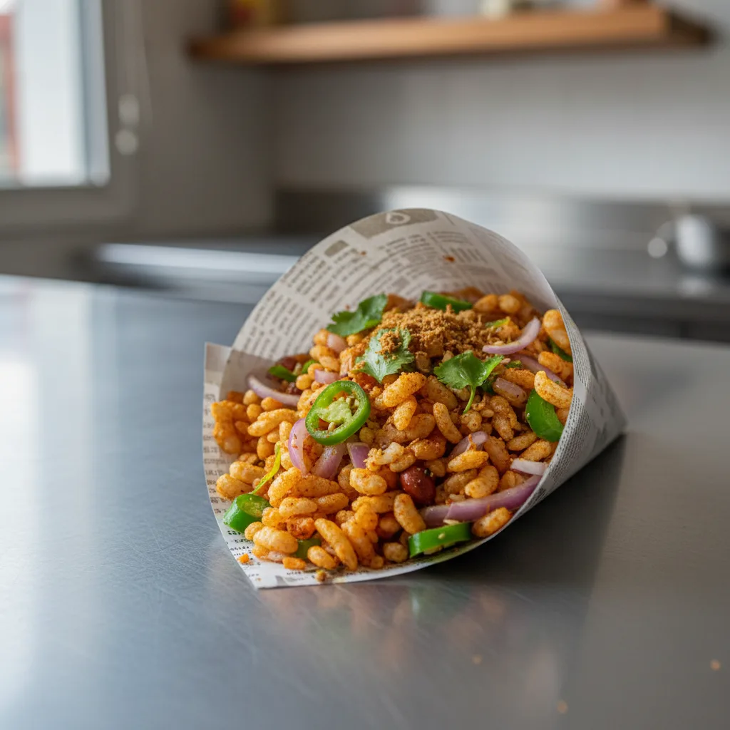 A close-up view of a paper cone filled with Chatpata, showing puffed rice mixed with chopped onions and green chilies.