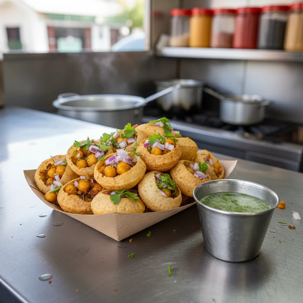Hollow pani puri shells filled with spiced potatoes next to mint-tamarind water on a metal counter.