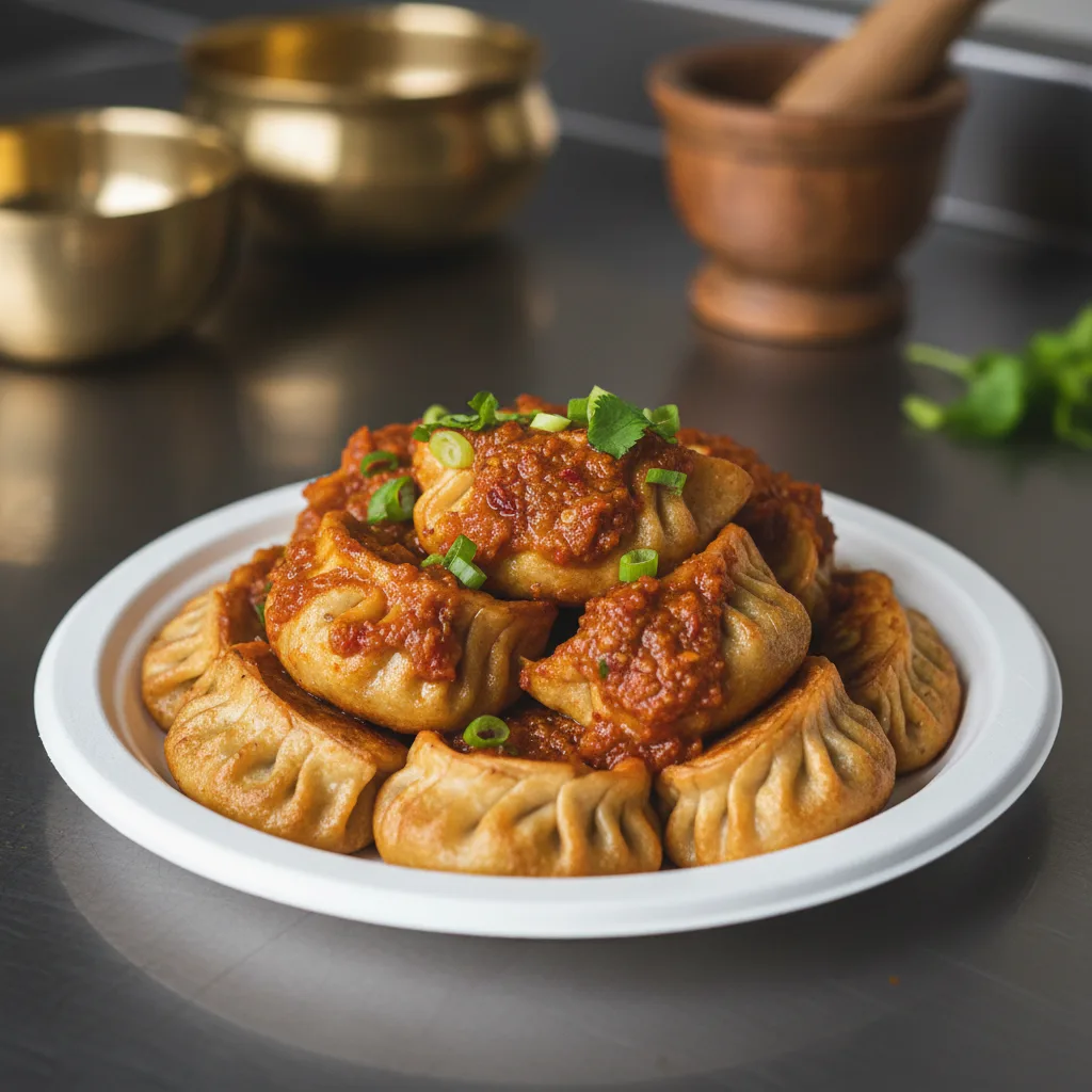 A plate of chicken chilli momo coated in a vibrant reddish-orange sauce on a stainless steel counter.