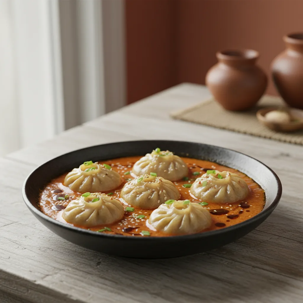 Steamed dumplings in a reddish-orange broth in a shallow bowl.