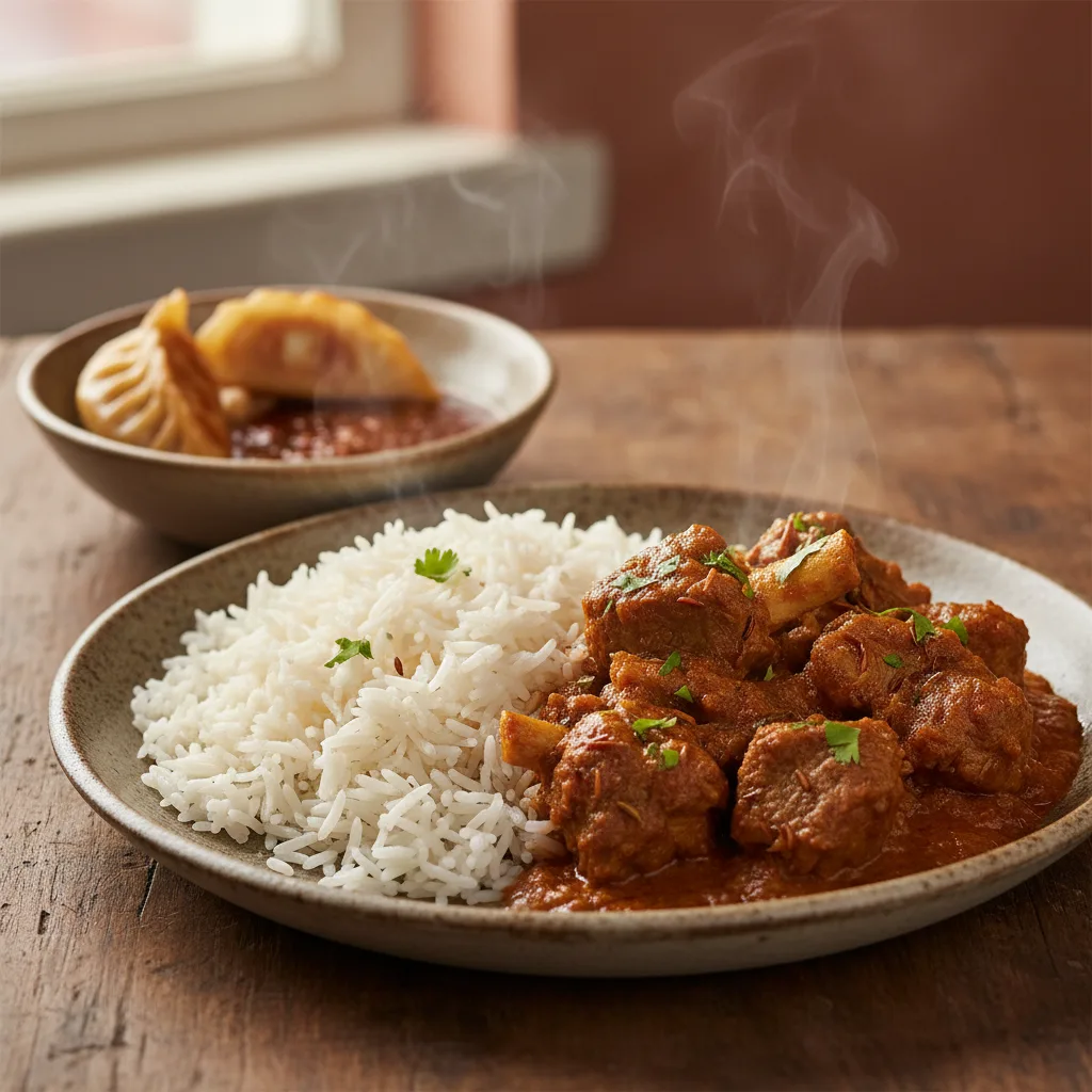 A plate of mutton curry served over white rice with a side of fried dumplings.