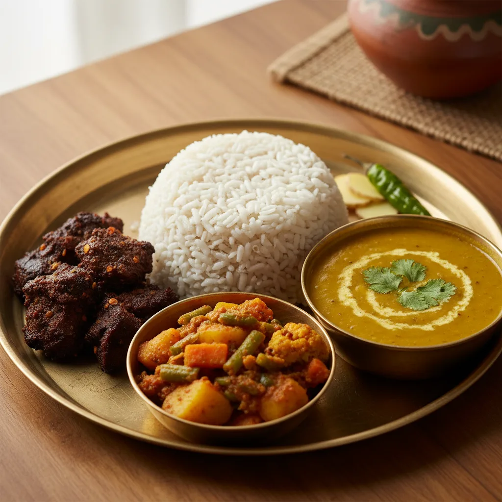 A metal plate holding a Newari Khaja Set, featuring beaten rice, spiced meat, lentils, and vegetable curry.