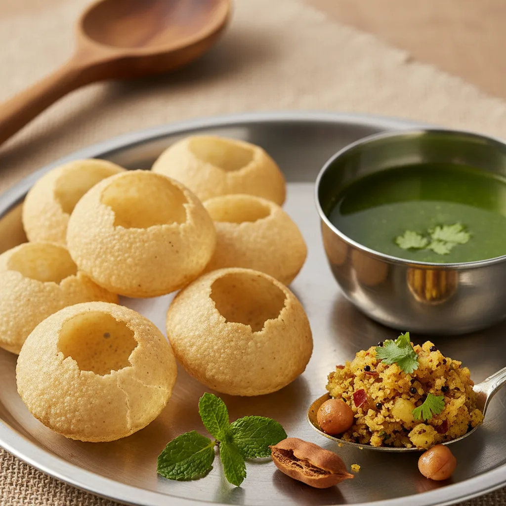 Crispy pani puri shells on a metal plate with a small bowl of green mint-tamarind water and spiced potatoes.