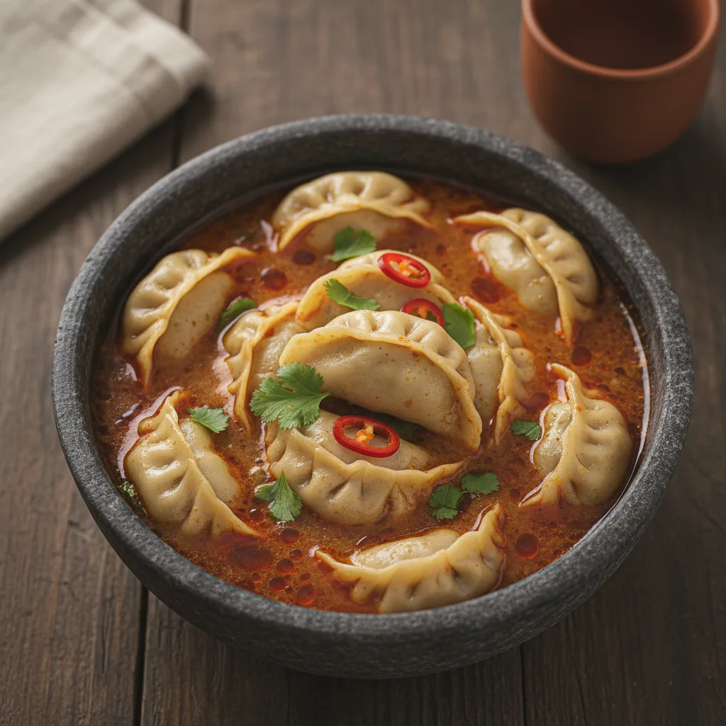 A bowl of momo dumplings sitting in a warm, spiced tomato-sesame broth.