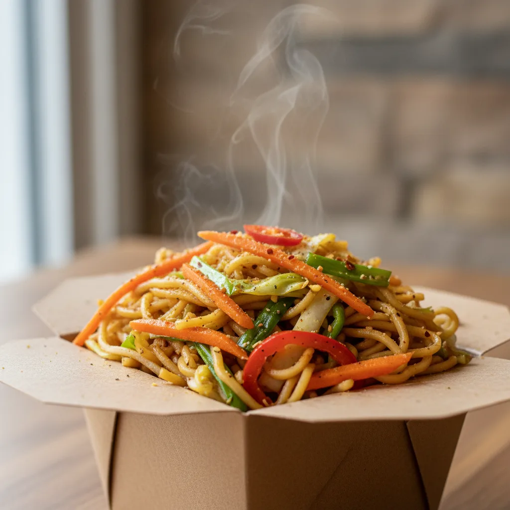 A portion of veg chowmien with stir-fried noodles and fresh vegetables in a takeout container.