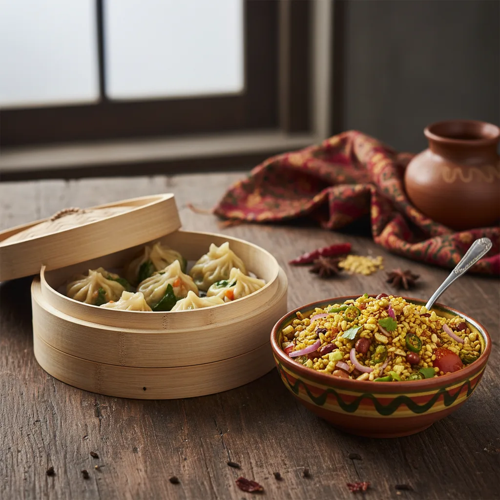 Steamed vegetable momo dumplings in a bamboo basket next to a bowl of puffed rice chatpata.