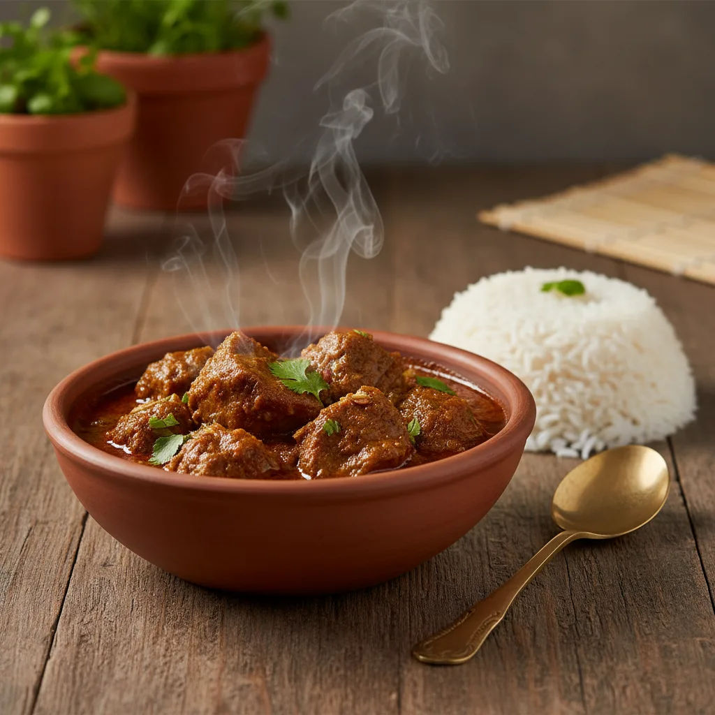 A bowl of rich mutton curry served over fluffy white rice.