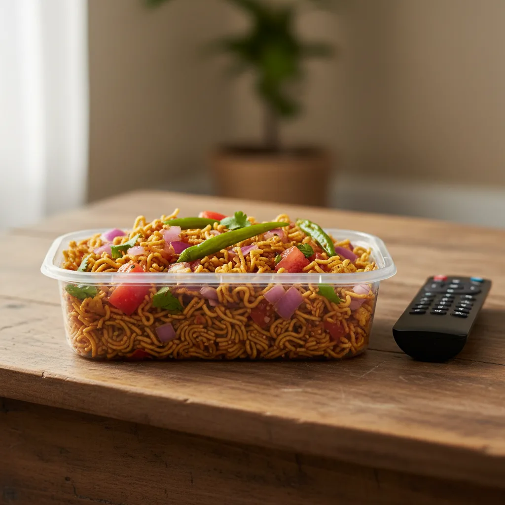 A takeout box of dry Wai Wai noodles mixed with chopped onions, tomatoes, and green chilies on a coffee table.